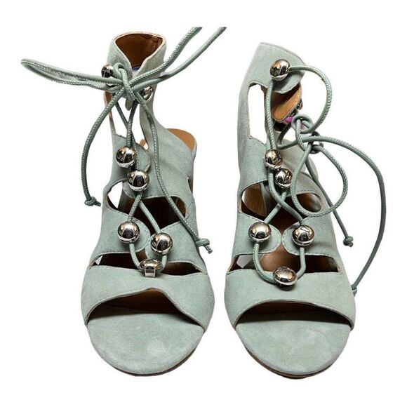 REBECCA MINKOFF Adiv Ghillie Caged Sandals Suede Lace Up Open Toe Block Strappy - Picture 8 of 9